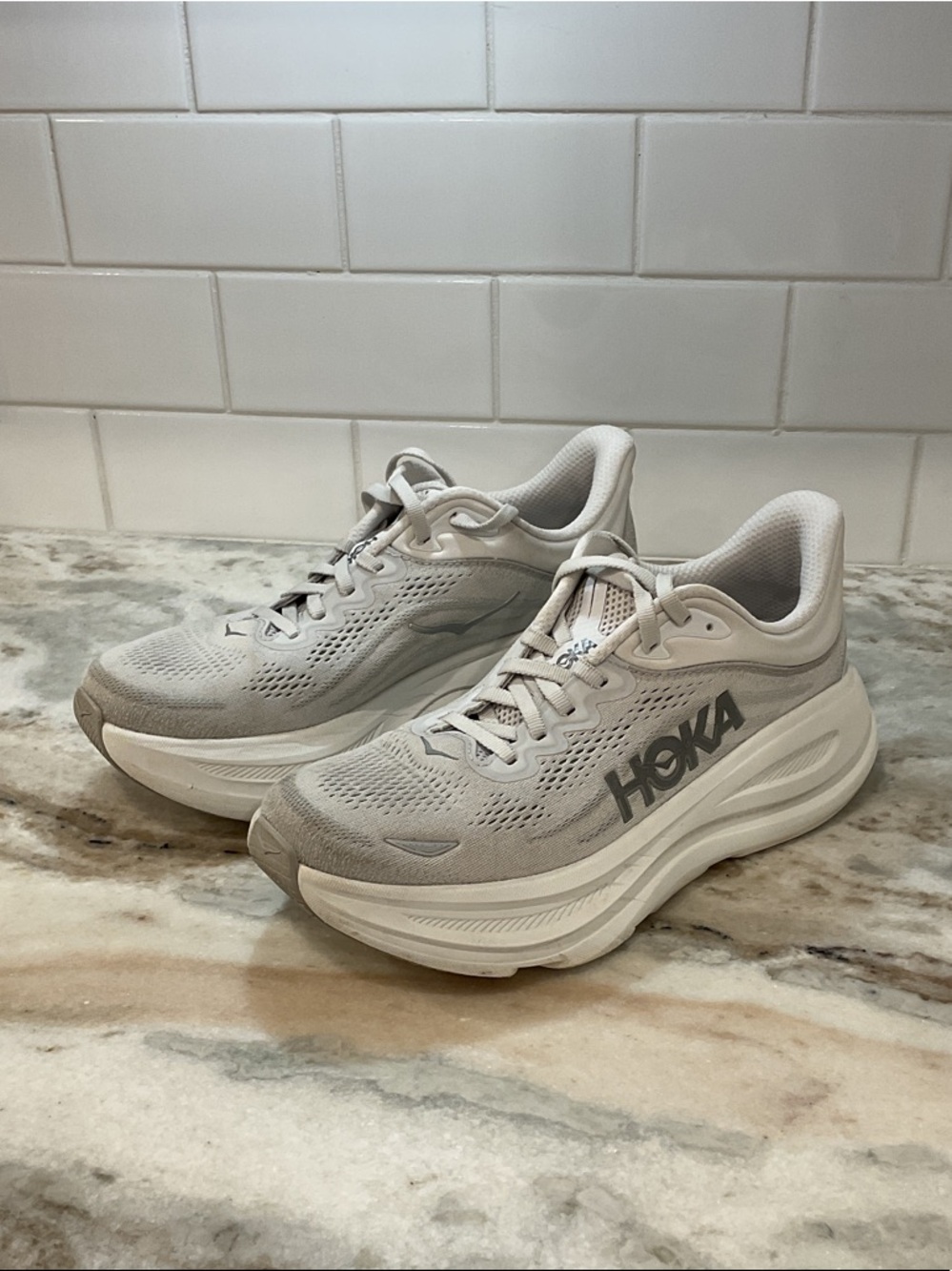 Hoka Women's White and Light Gray Cushioned Running Shoes